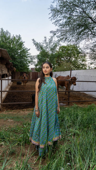 Saundh Sea Green and Pink Cotton hand block printed floral ghera dress