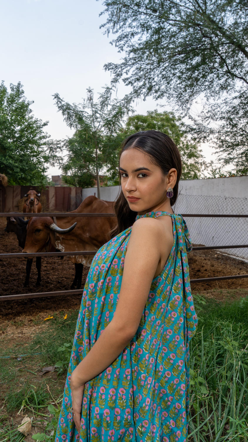 Saundh Sea Green and Pink Cotton hand block printed floral ghera dress