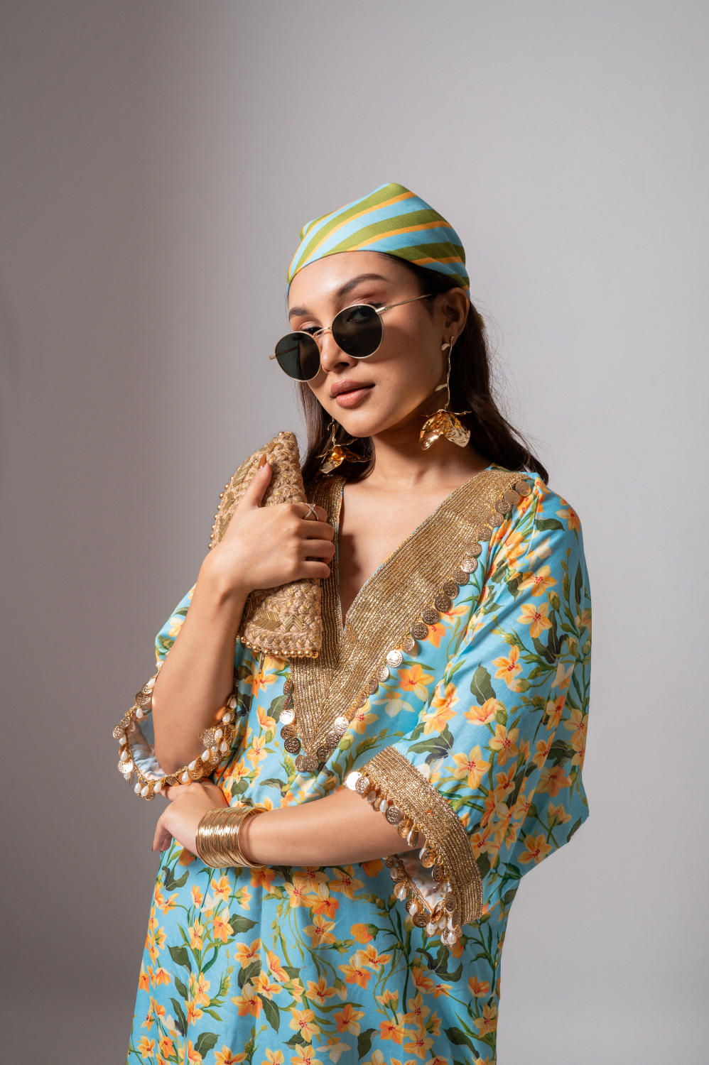 Linen digital print aqua kaftan dress-Aqua and yellow