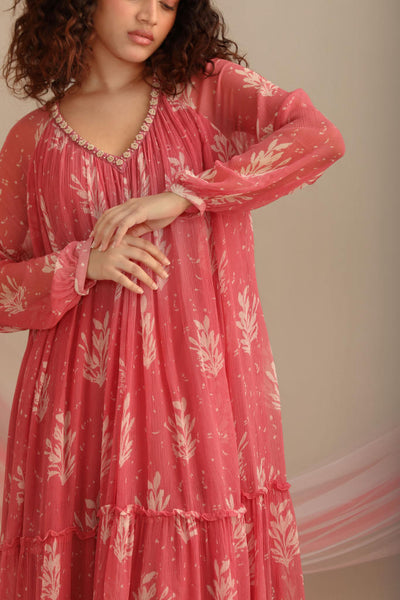 LEAF PRINT CHIFFON TIER DRESS
