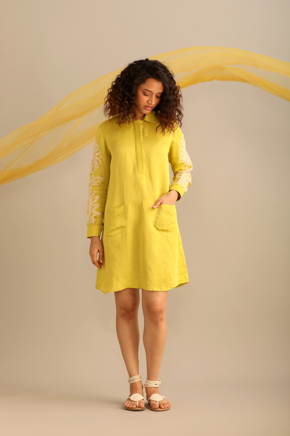 A LIME LINEN SATIN FULL SLEEVES KNEE LENGTH DRESS