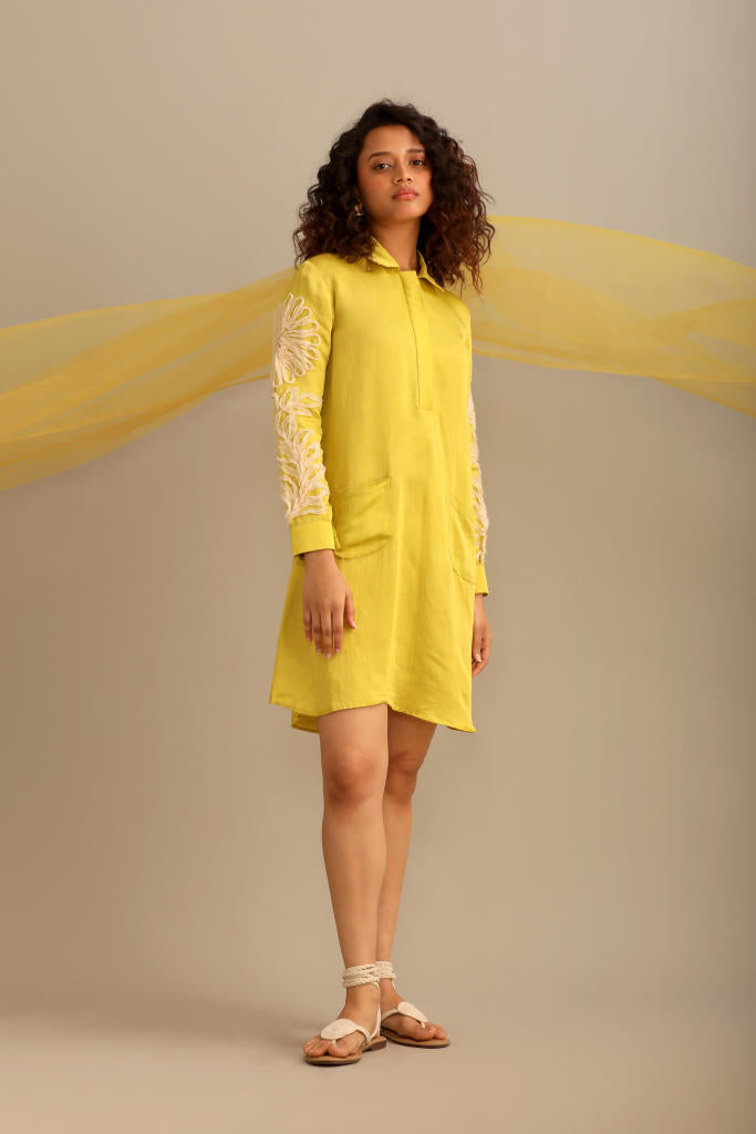 A LIME LINEN SATIN FULL SLEEVES KNEE LENGTH DRESS