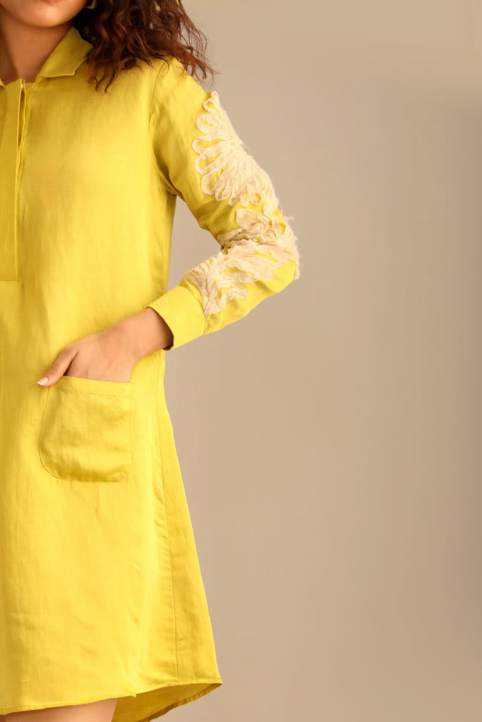 A LIME LINEN SATIN FULL SLEEVES KNEE LENGTH DRESS