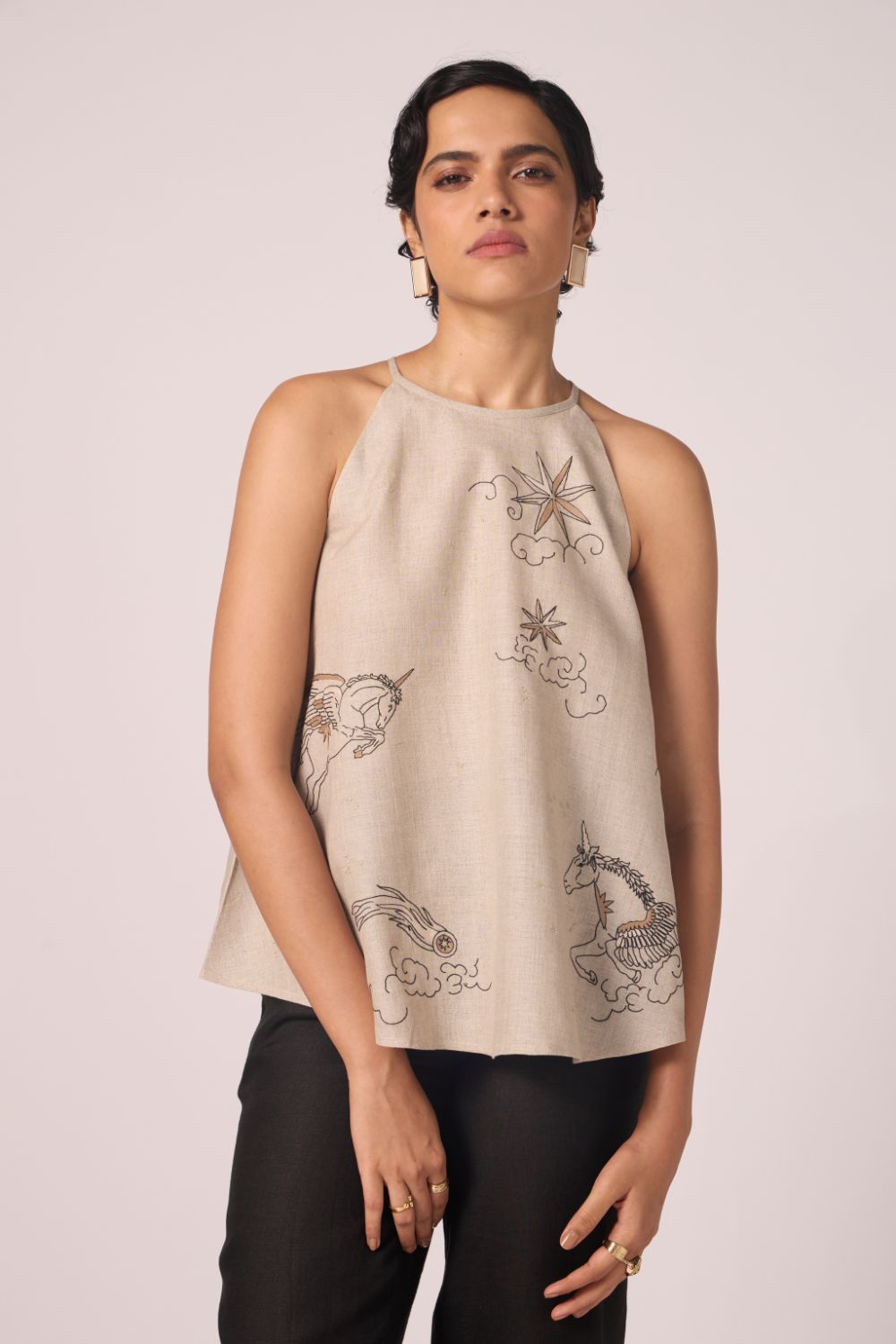 Maarah Beige Linen Halter Top
