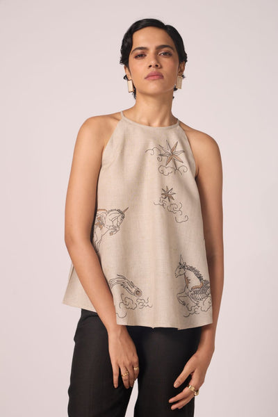 Maarah Beige Linen Halter Top