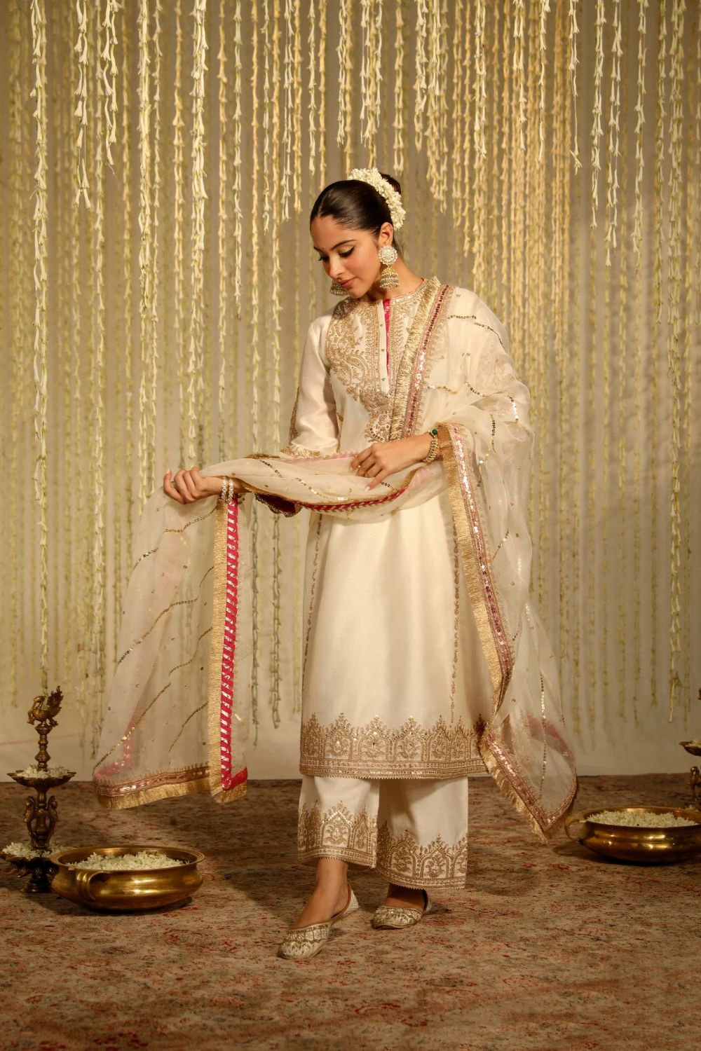 Mahika A-line long kurta with palazzo and dupatta-Daisy Ivory
