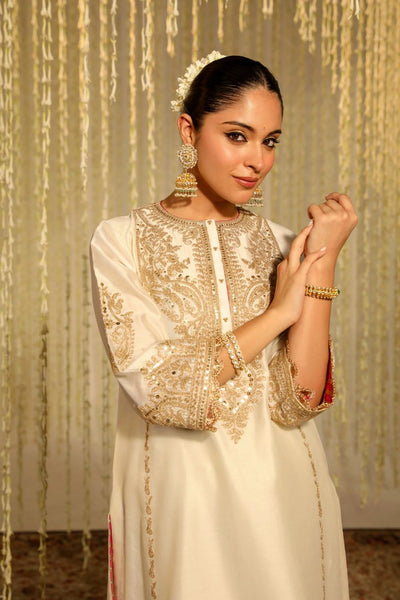 Mahika A-line long kurta with palazzo and dupatta-Daisy Ivory