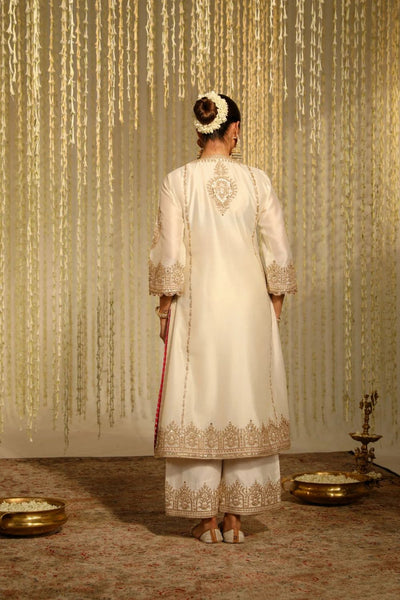Mahika A-line long kurta with palazzo and dupatta-Daisy Ivory
