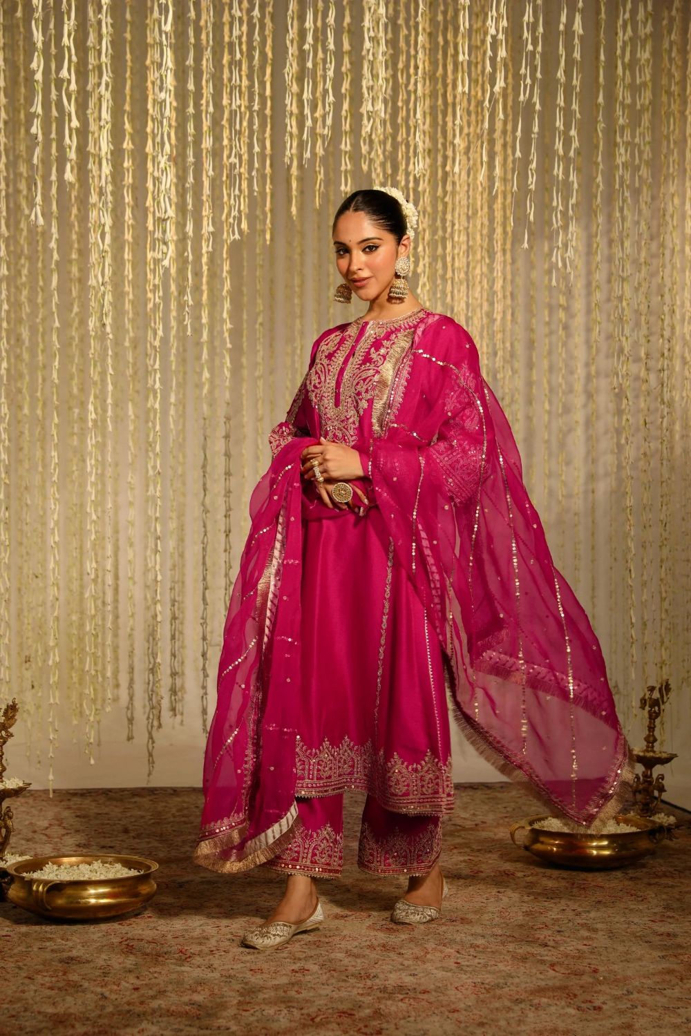 Mahika A-line long kurta with palazzo and dupatta-Hotpink