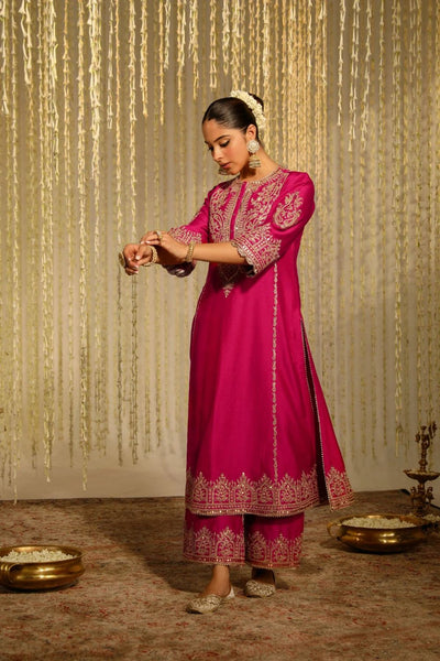 Mahika A-line long kurta with palazzo and dupatta-Hotpink
