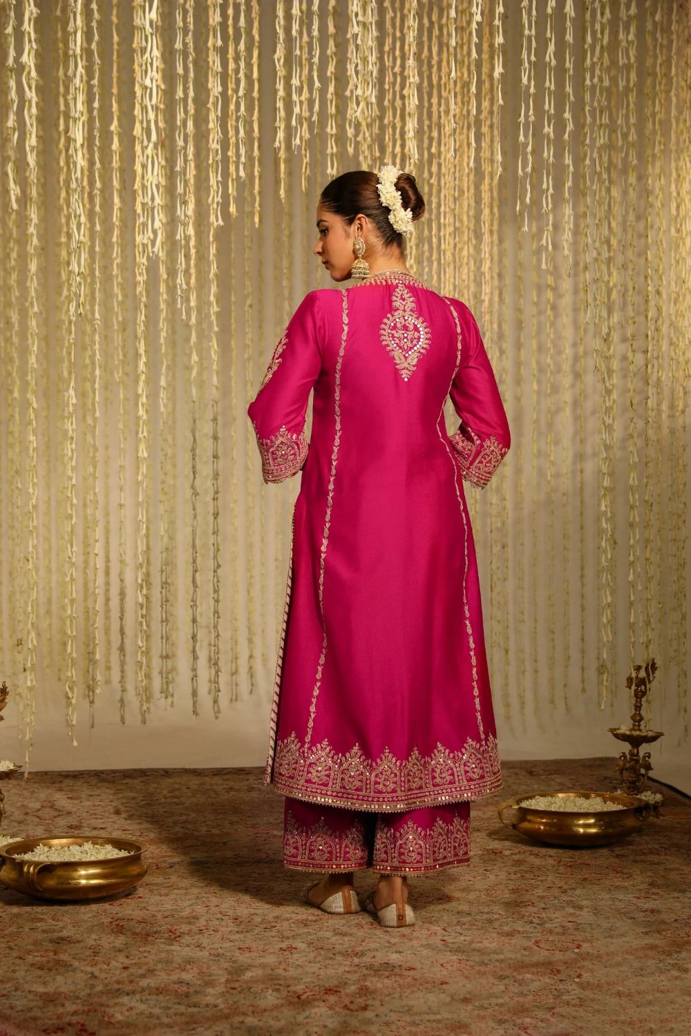 Mahika A-line long kurta with palazzo and dupatta-Hotpink