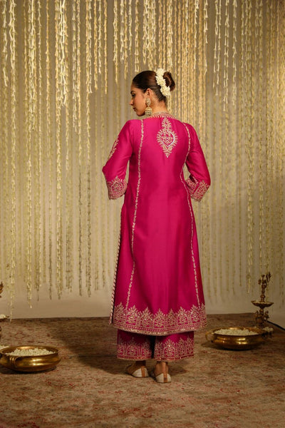 Mahika A-line long kurta with palazzo and dupatta-Hotpink