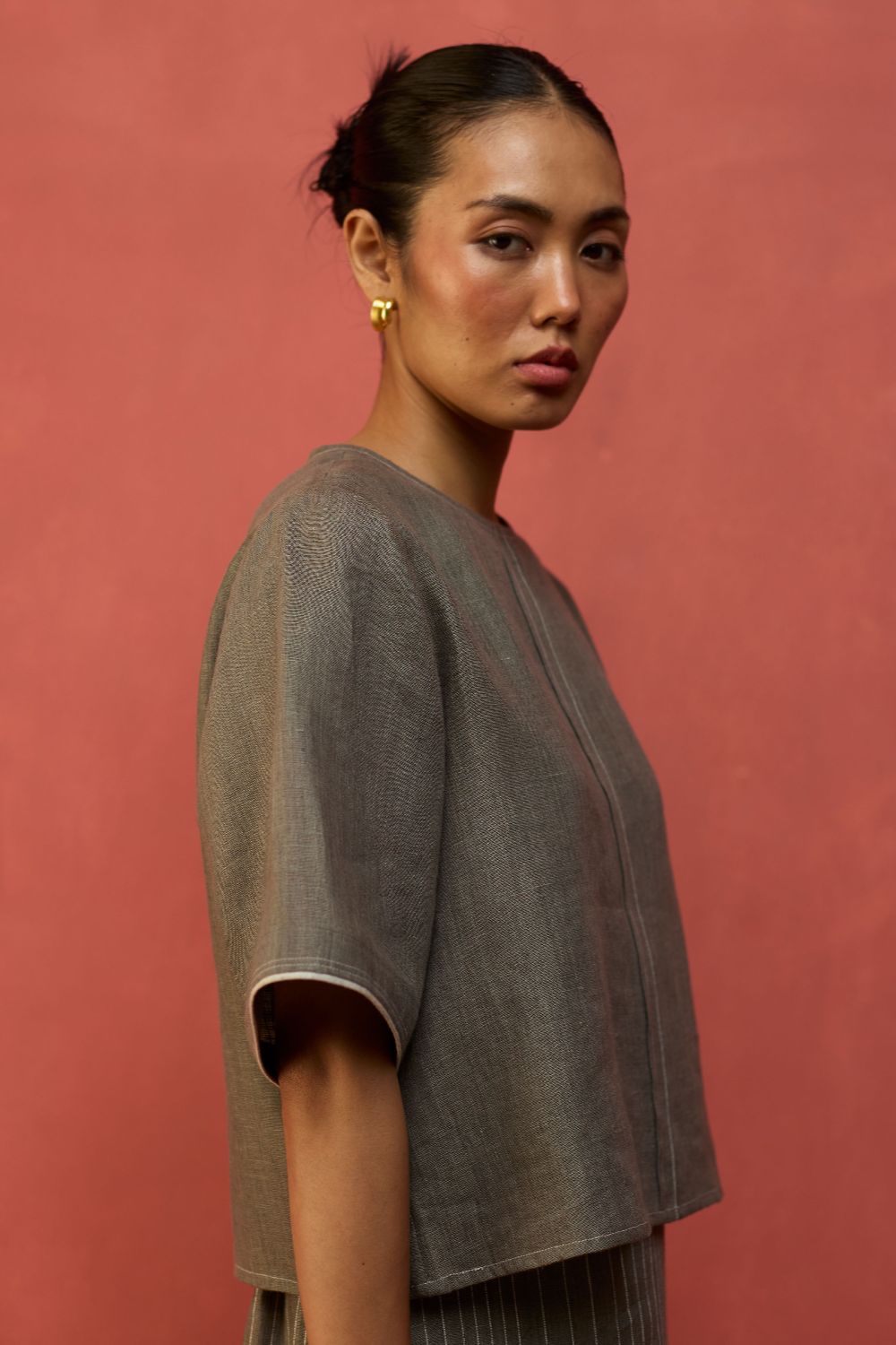 Mariko Crop Linen Top - Grey