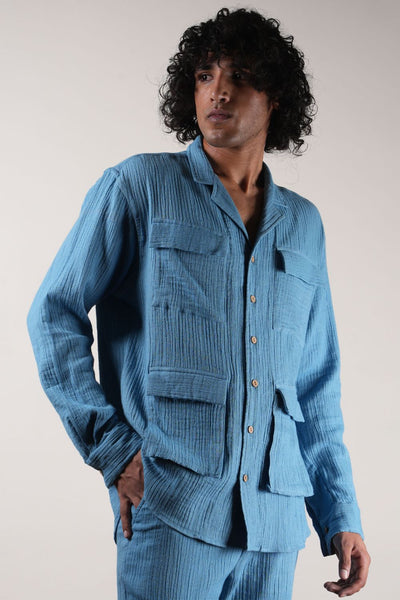Men's Pocket Crush Cotton Blue Shirt