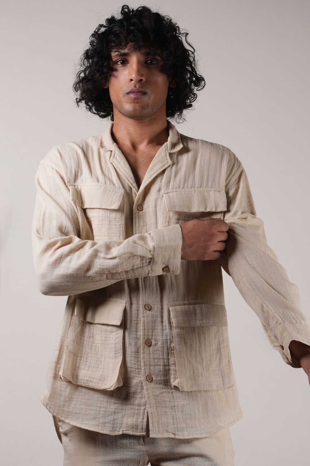 Men's Pocket Crush Cotton Cream Shirt