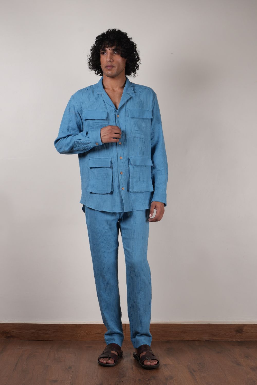 Men's Blue Crush Cotton Pocket Shirt & Pant Set (2 PCS)