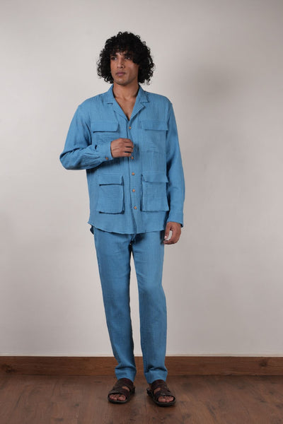 Men's Blue Crush Cotton Pocket Shirt & Pant Set (2 PCS)