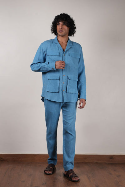 Men's Blue Crush Cotton Pocket Shirt & Pant Set (2 PCS)