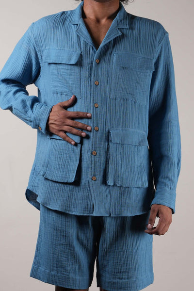 Men's Blue Crush Cotton Pocket Shirt & Shorts Set (2 PCS)