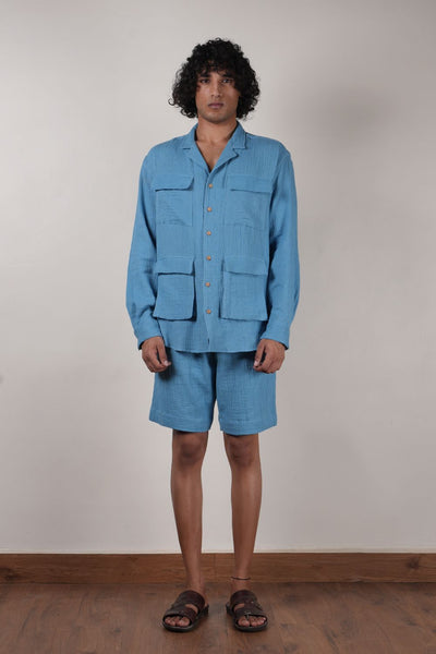 Men's Blue Crush Cotton Pocket Shirt & Shorts Set (2 PCS)