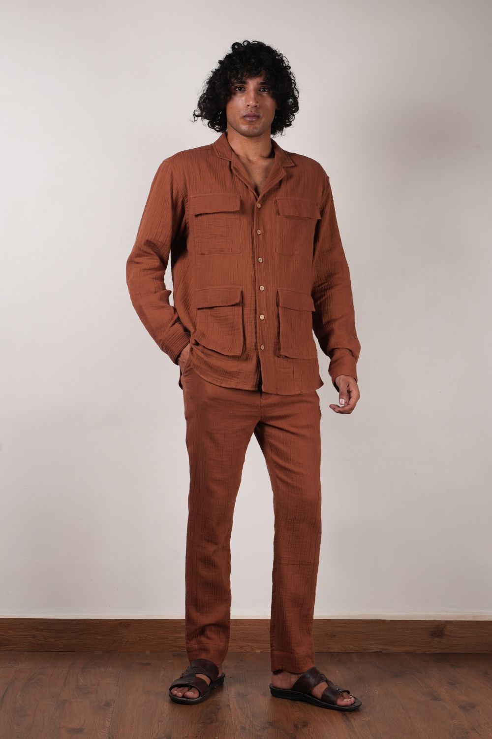 Men's Brown Crush Cotton Pocket Shirt & Pant Set (2 PCS)