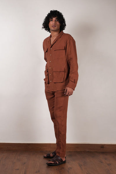 Men's Brown Crush Cotton Pocket Shirt & Pant Set (2 PCS)