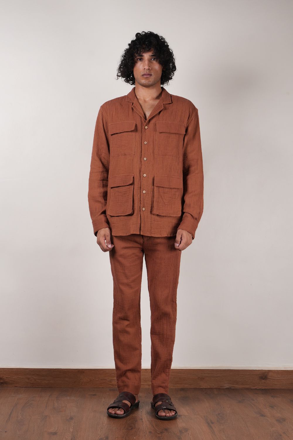 Men's Brown Crush Cotton Pocket Shirt & Pant Set (2 PCS)