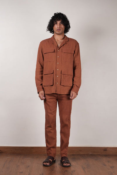 Men's Brown Crush Cotton Pocket Shirt & Pant Set (2 PCS)