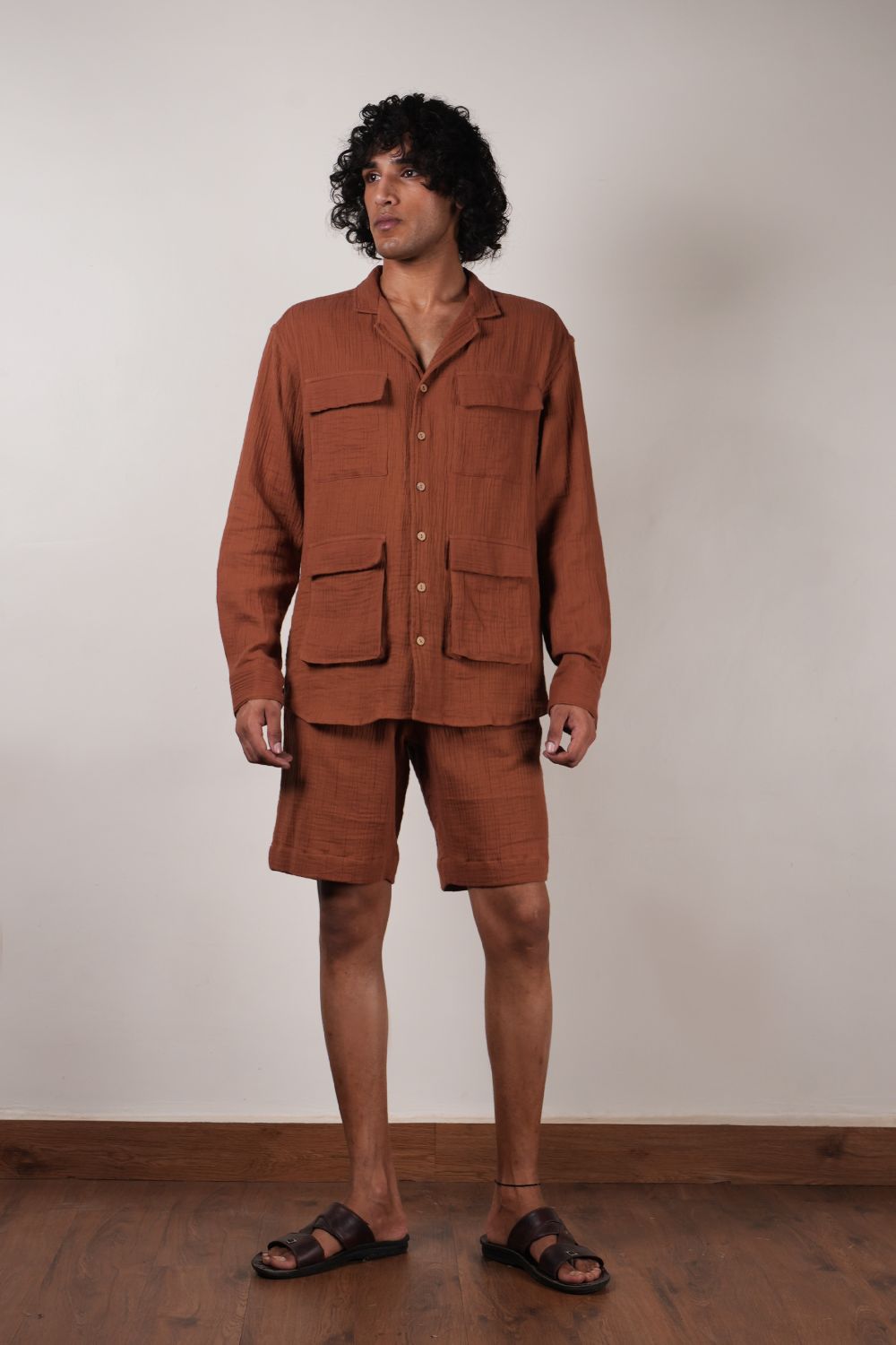 Men's Brown Crush Cotton Pocket Shirt & Shorts Set (2 PCS)
