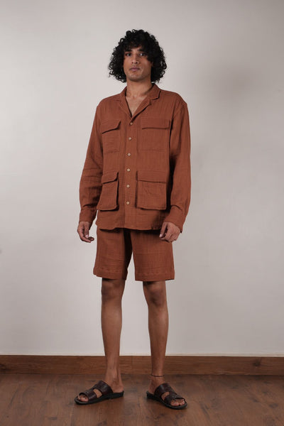 Men's Brown Crush Cotton Pocket Shirt & Shorts Set (2 PCS)