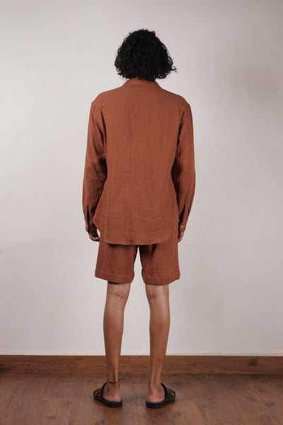 Men's Brown Crush Cotton Pocket Shirt & Shorts Set (2 PCS)