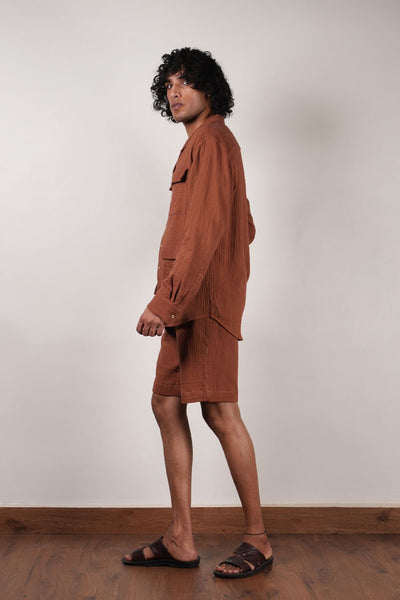 Men's Brown Crush Cotton Pocket Shirt & Shorts Set (2 PCS)