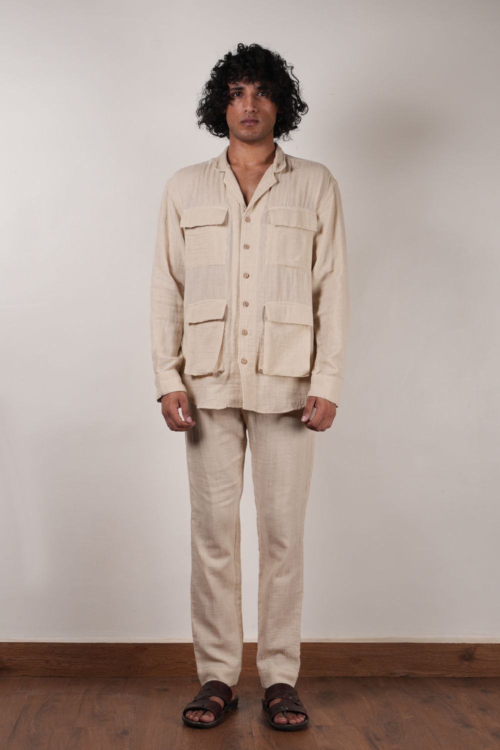 Men's Cream Crush Cotton Pocket Shirt & Pant Set (2 PCS)