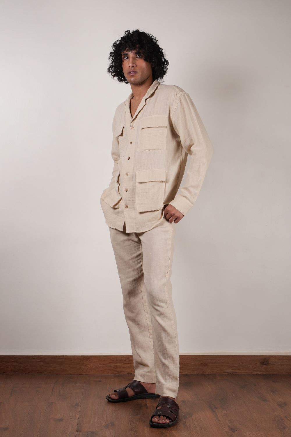 Men's Cream Crush Cotton Pocket Shirt & Pant Set (2 PCS)
