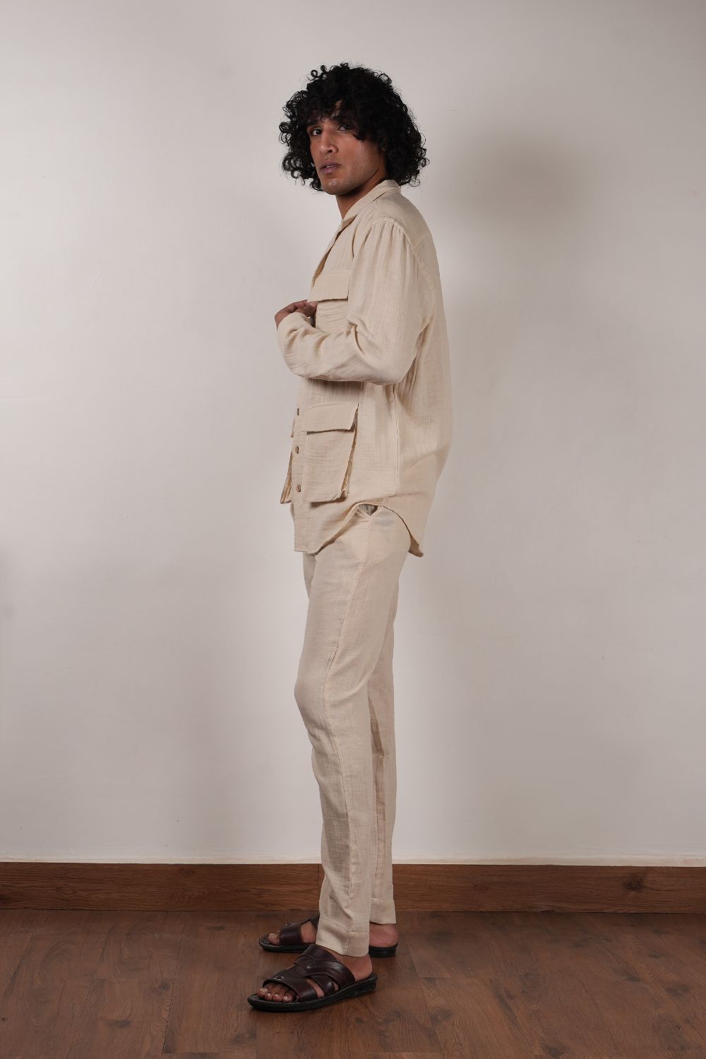 Men's Cream Crush Cotton Pocket Shirt & Pant Set (2 PCS)