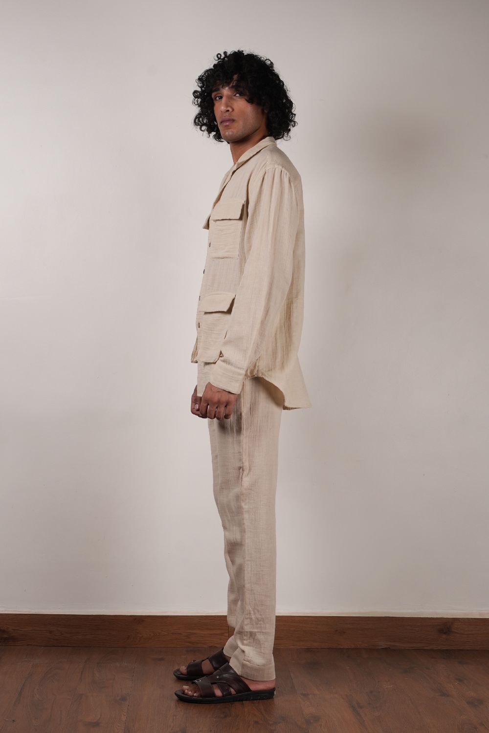 Men's Cream Crush Cotton Pocket Shirt & Pant Set (2 PCS)