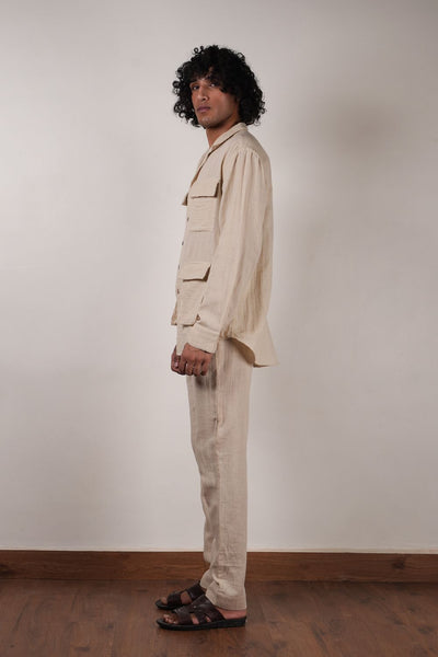 Men's Cream Crush Cotton Pocket Shirt & Pant Set (2 PCS)