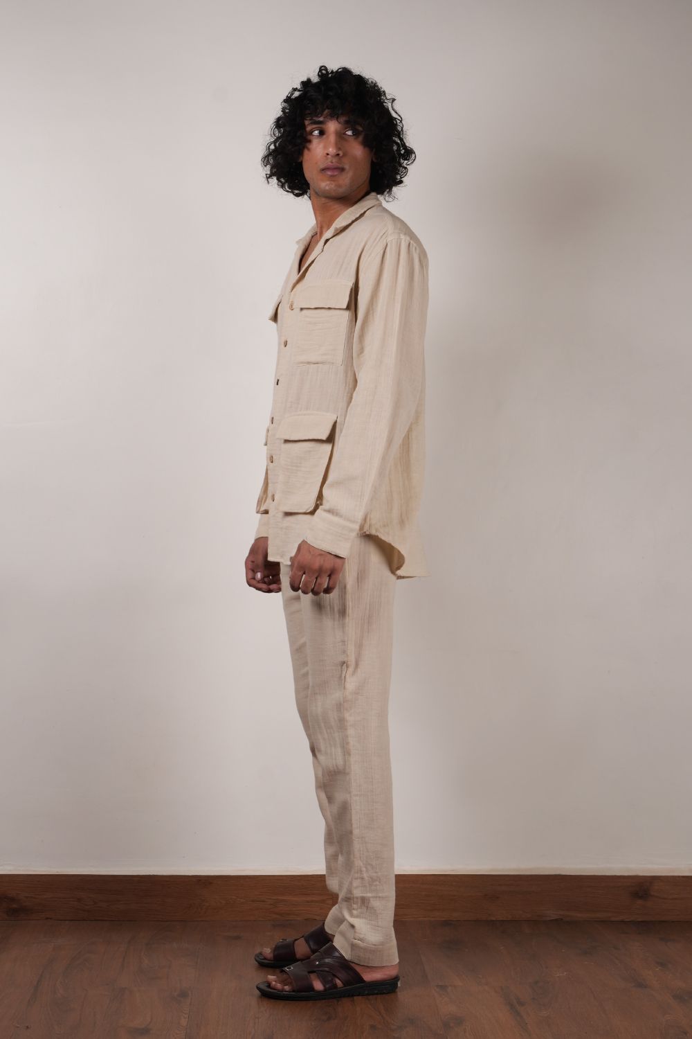 Men's Cream Crush Cotton Pocket Shirt & Pant Set (2 PCS)