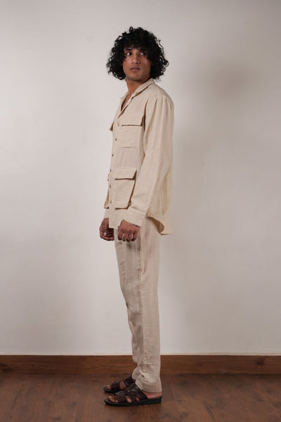 Men's Cream Crush Cotton Pocket Shirt & Pant Set (2 PCS)