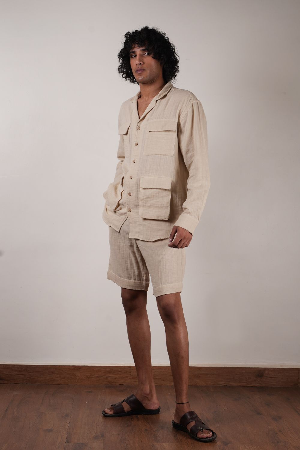 Men's Cream Crush Cotton Pocket Shirt & Shorts Set (2 PCS)