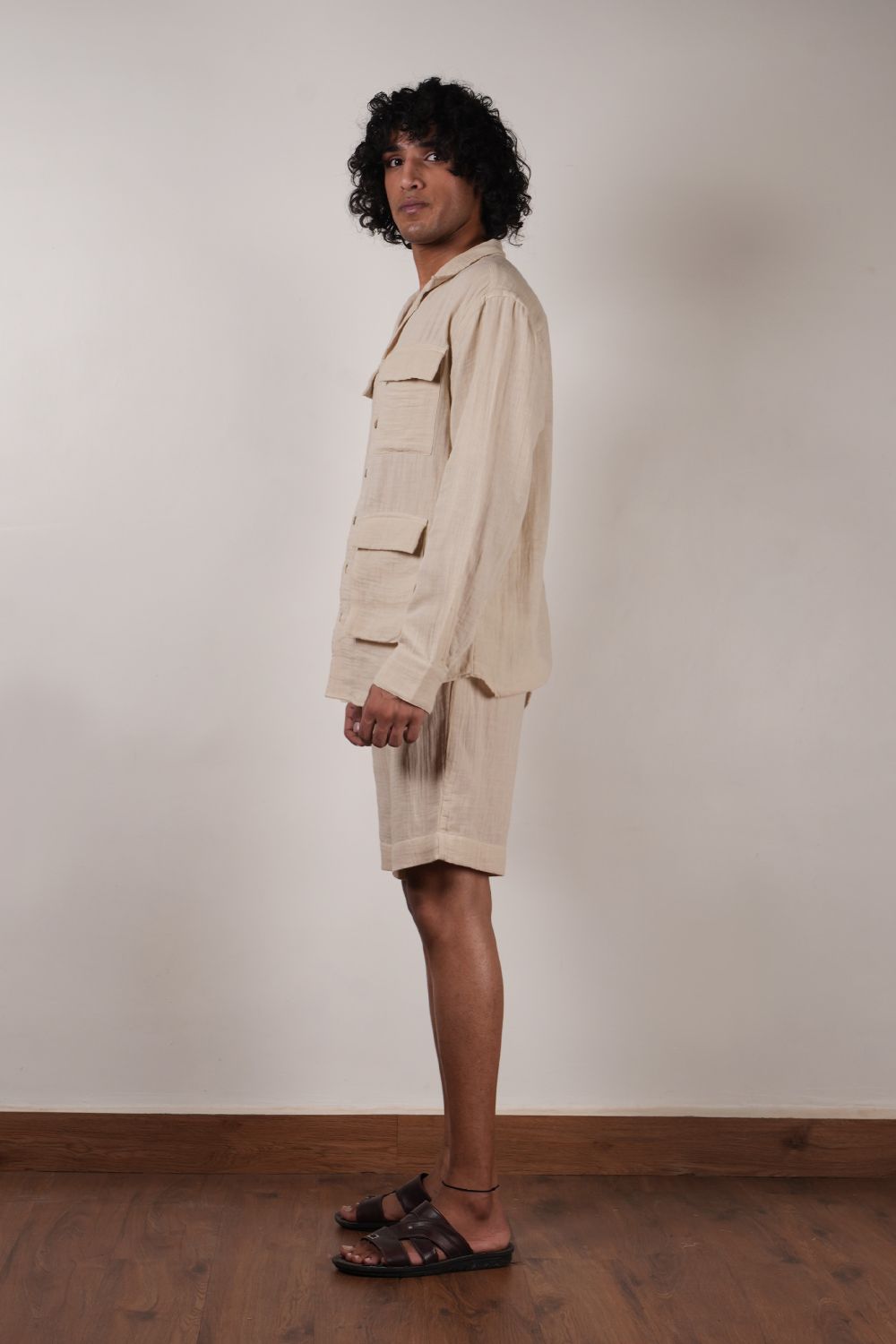 Men's Cream Crush Cotton Pocket Shirt & Shorts Set (2 PCS)