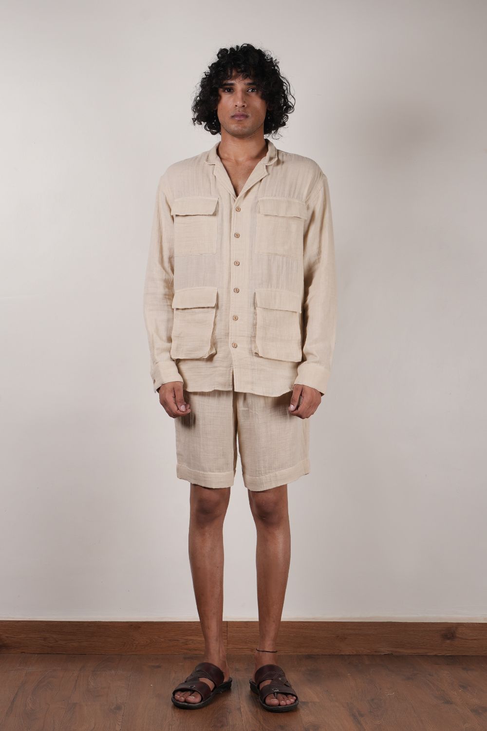 Men's Cream Crush Cotton Pocket Shirt & Shorts Set (2 PCS)