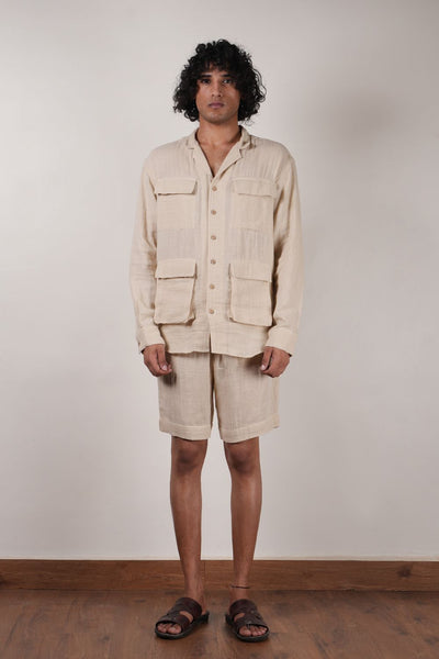 Men's Cream Crush Cotton Pocket Shirt & Shorts Set (2 PCS)