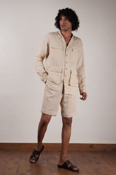 Men's Cream Crush Cotton Pocket Shirt & Shorts Set (2 PCS)