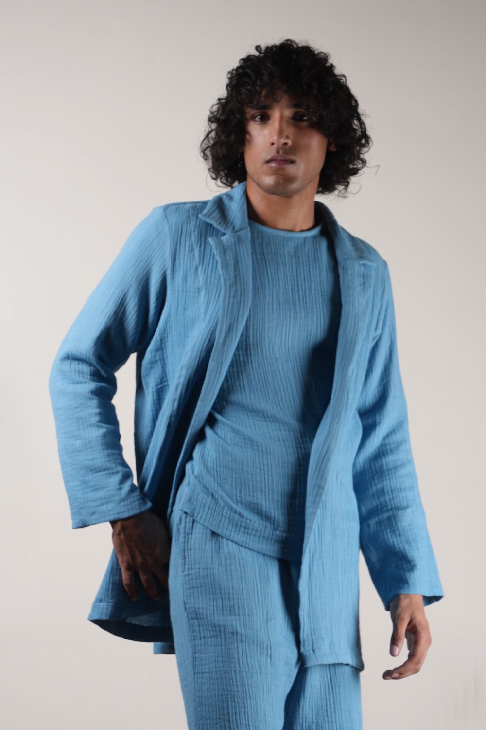 Men's Crush Cotton Blue Shawl Jacket