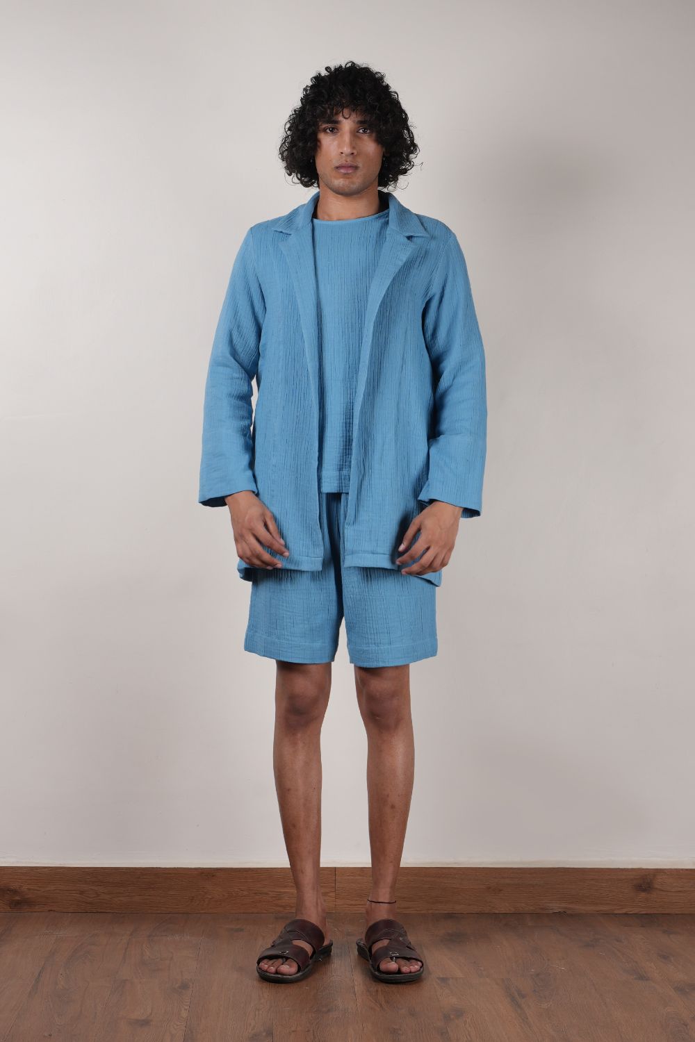 Men's Crush Cotton Blue Shawl Jacket