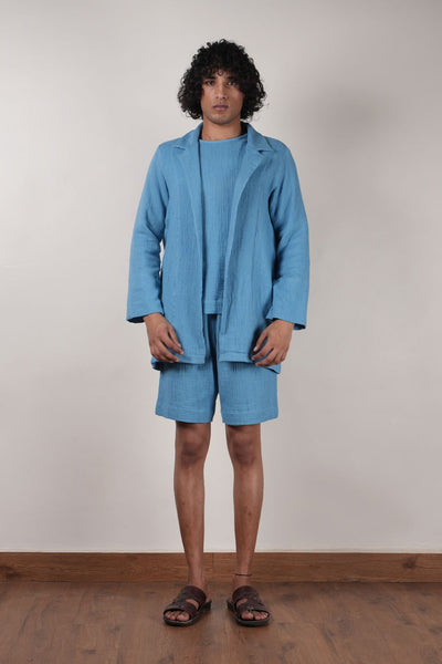 Men's Crush Cotton Blue Shawl Jacket