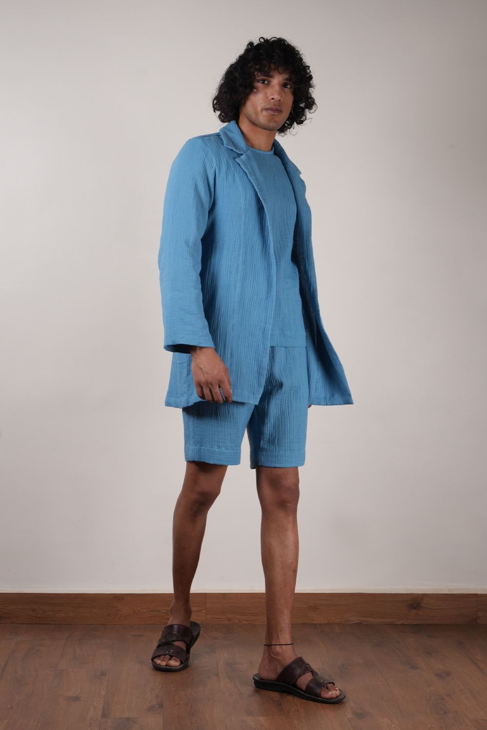 Men's Crush Cotton Blue Shawl Jacket