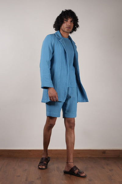 Men's Crush Cotton Blue Shawl Jacket