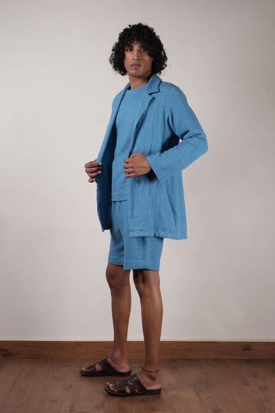 Men's Crush Cotton Blue Shawl Jacket